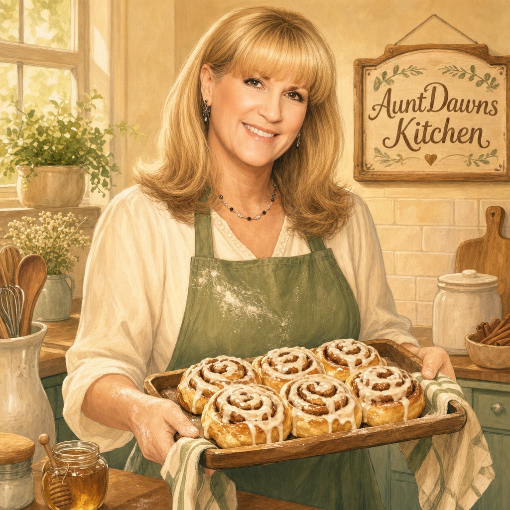 Aunt Dawns holding a tray of fresh cinnamon rolls